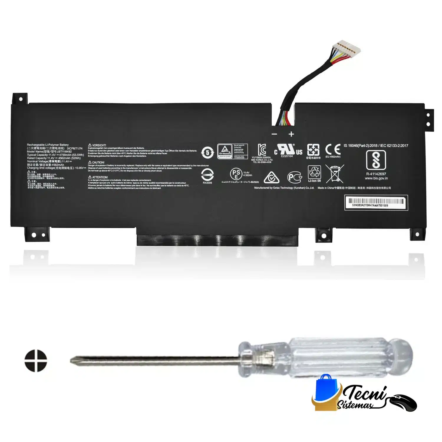 Version 1.0.0 Batería compatible BTY-M492 para MSI 15 A11UD A11UE, 11.4V 53.5Wh 4550mAh Li-ion de alto rendimiento