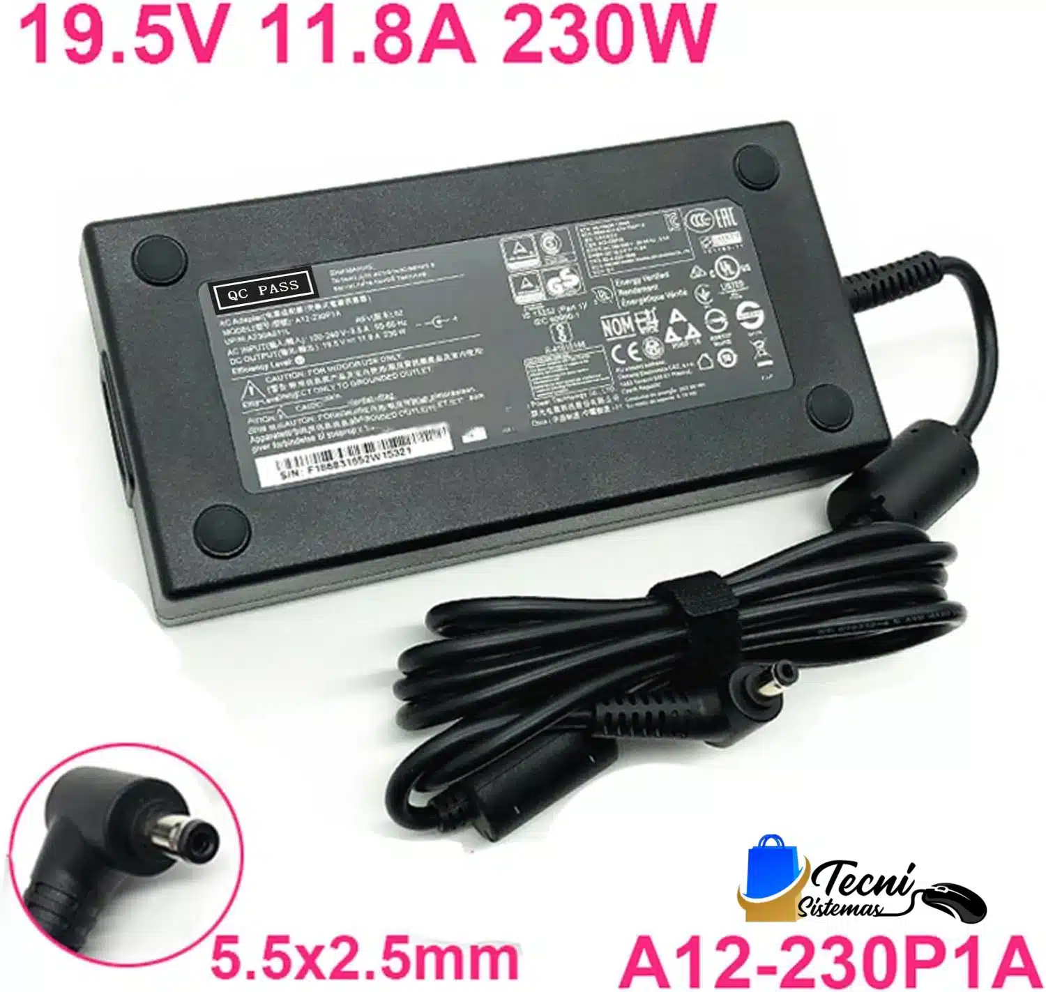 71Xv8iB-vVL._AC_SL1500_ Cargador MSI 230W 19.5V 11.8A punta 5.5 x 2.5 mm para GS65 GS66 GS75 GS76 WS65 WS66 WS75 WS76 — vista 2