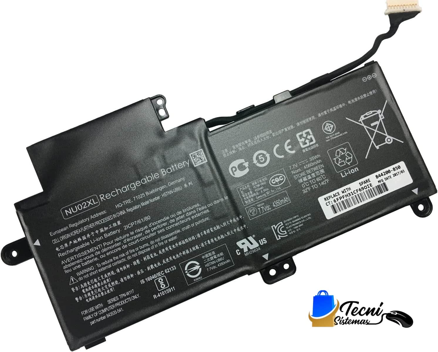 Vista principal de batería compatible HP NU02XL 7.7V 35Wh Batería compatible HP NU02XL 7.7V 35Wh, 2 celdas, para laptops Pavilion x360
