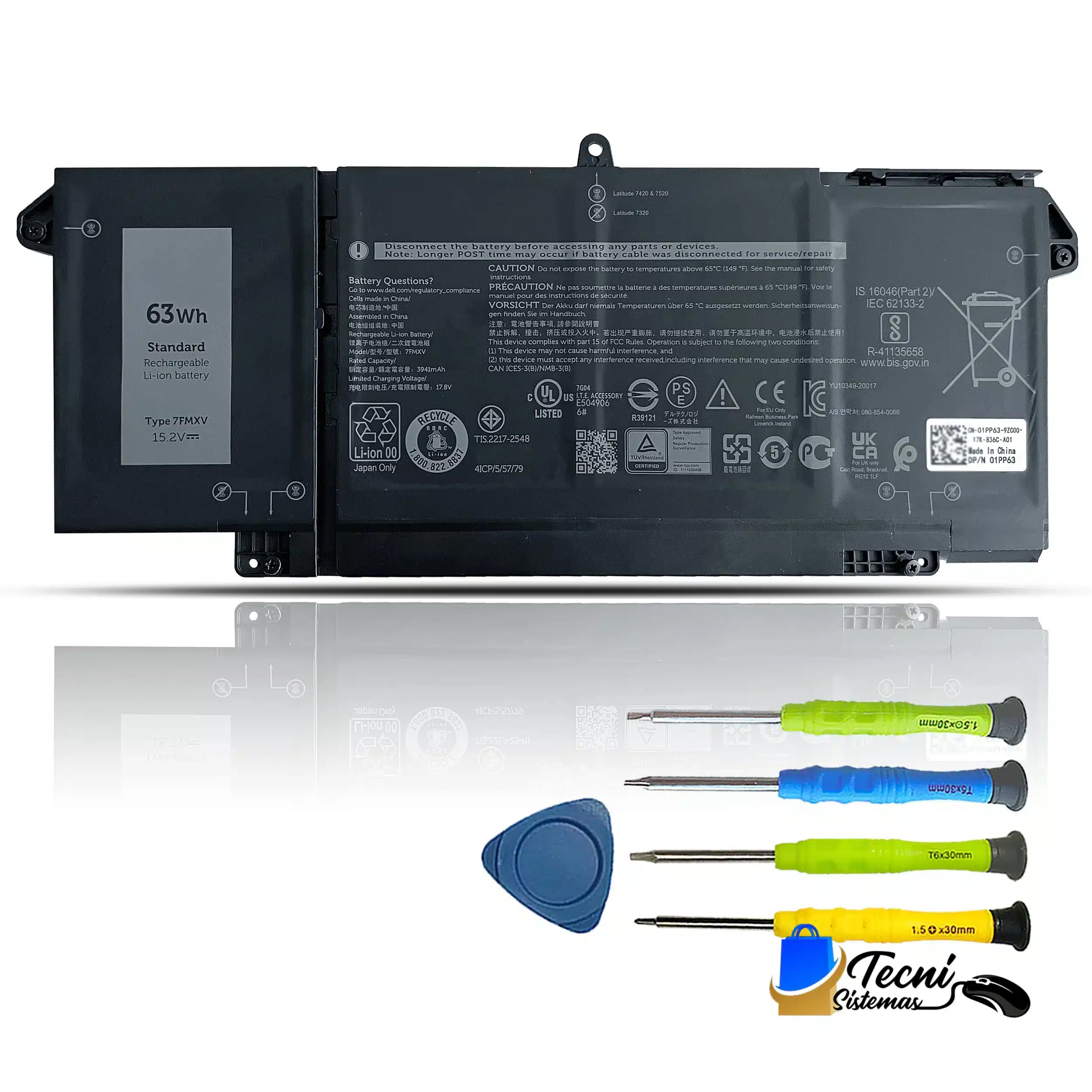Version 1.0.0 Batería compatible 7FMXV para Dell Latitude 5320 7320 7420 7520, 15.2V 63Wh