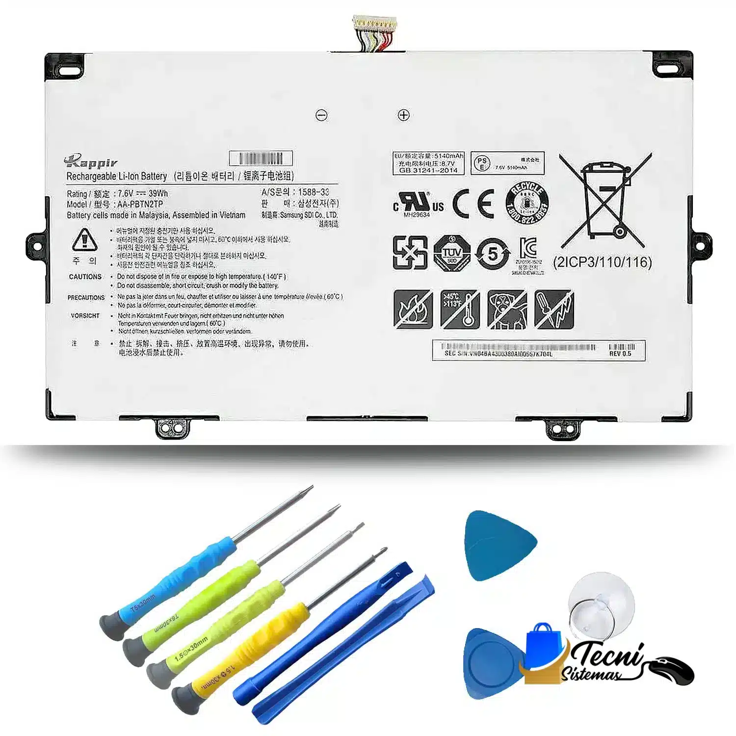 Version 1.0.0 Batería compatible Samsung AA-PBTN2TP 7.6V 5140mAh para Chromebook
