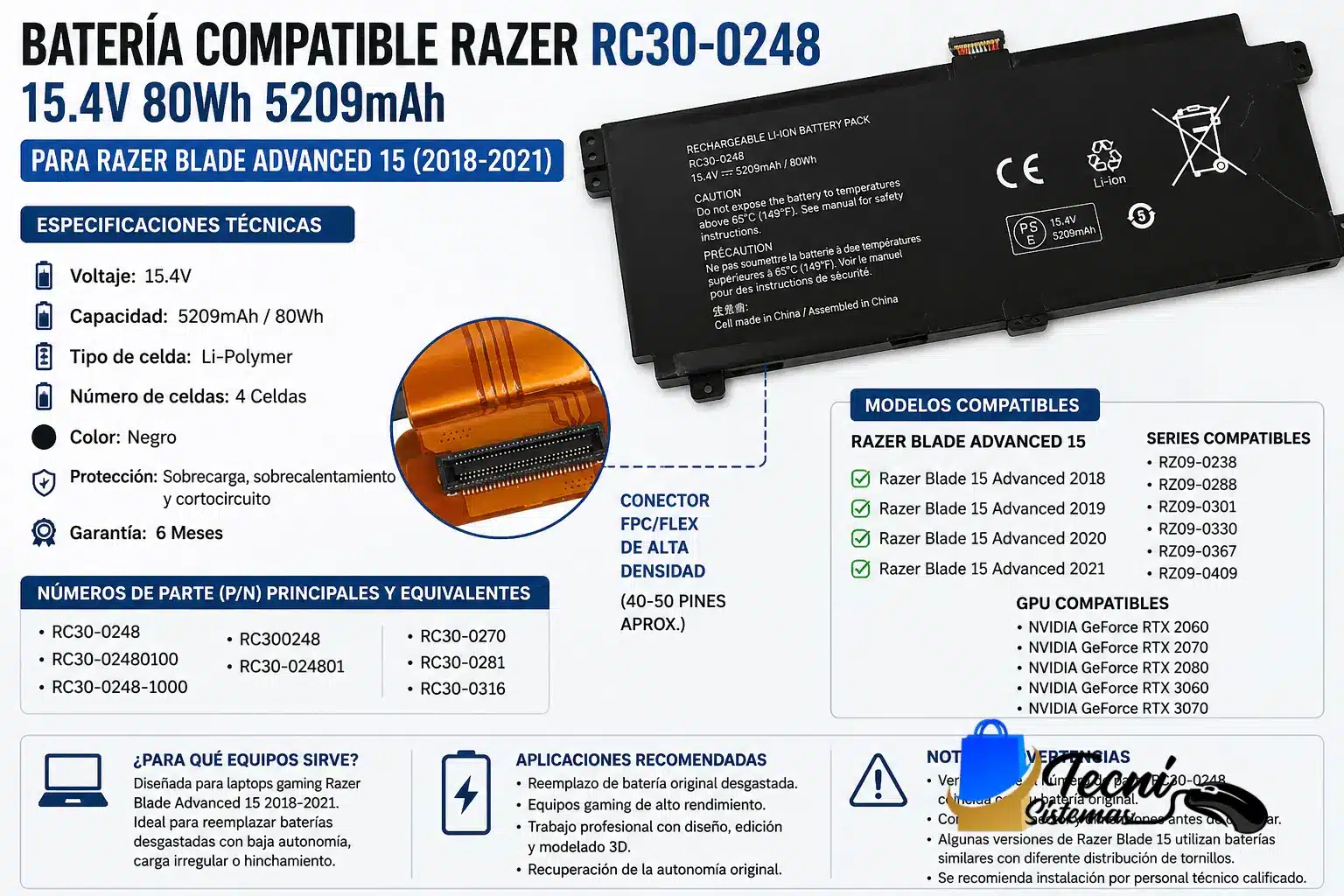 ChatGPT Image 22 jun 2026, 01_24_57 p.m. Batería Li-Polymer para Razer Blade Advanced 15 (2018–2021): 15.4V, 5209mAh/80Wh, 4 celdas, color negro, conector FPC/FLex de alta densidad (imagen de la batería y especificaciones).